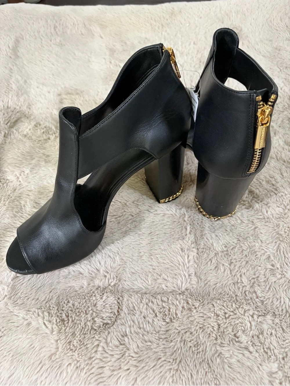Michael Kors Black Peep-Toe Block Heels with Gold Zip & Chain Trim